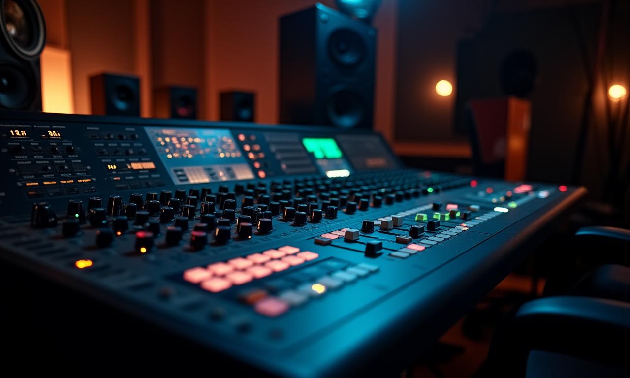 A state-of-the-art sound mixing desk in a dimly lit recording studio.