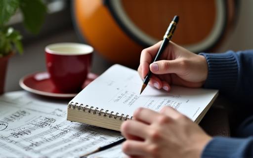 A musician writing notes in a notebook.
